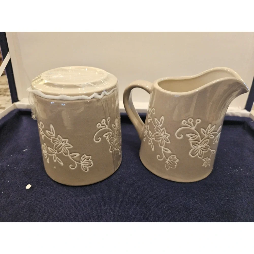 Temp-tations Butter Dish, Sugar, Creamer, Salt, Pepper Shaker Spoon Rest Taupe